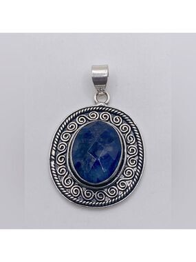 Vtg Sodalite Oval Facet Cut Stone Unmarked Silver Tone Pendant 1.9”